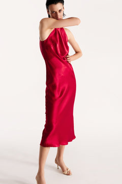 Halterneck silk dress in cherry-red
