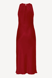 Halterneck silk dress in cherry-red