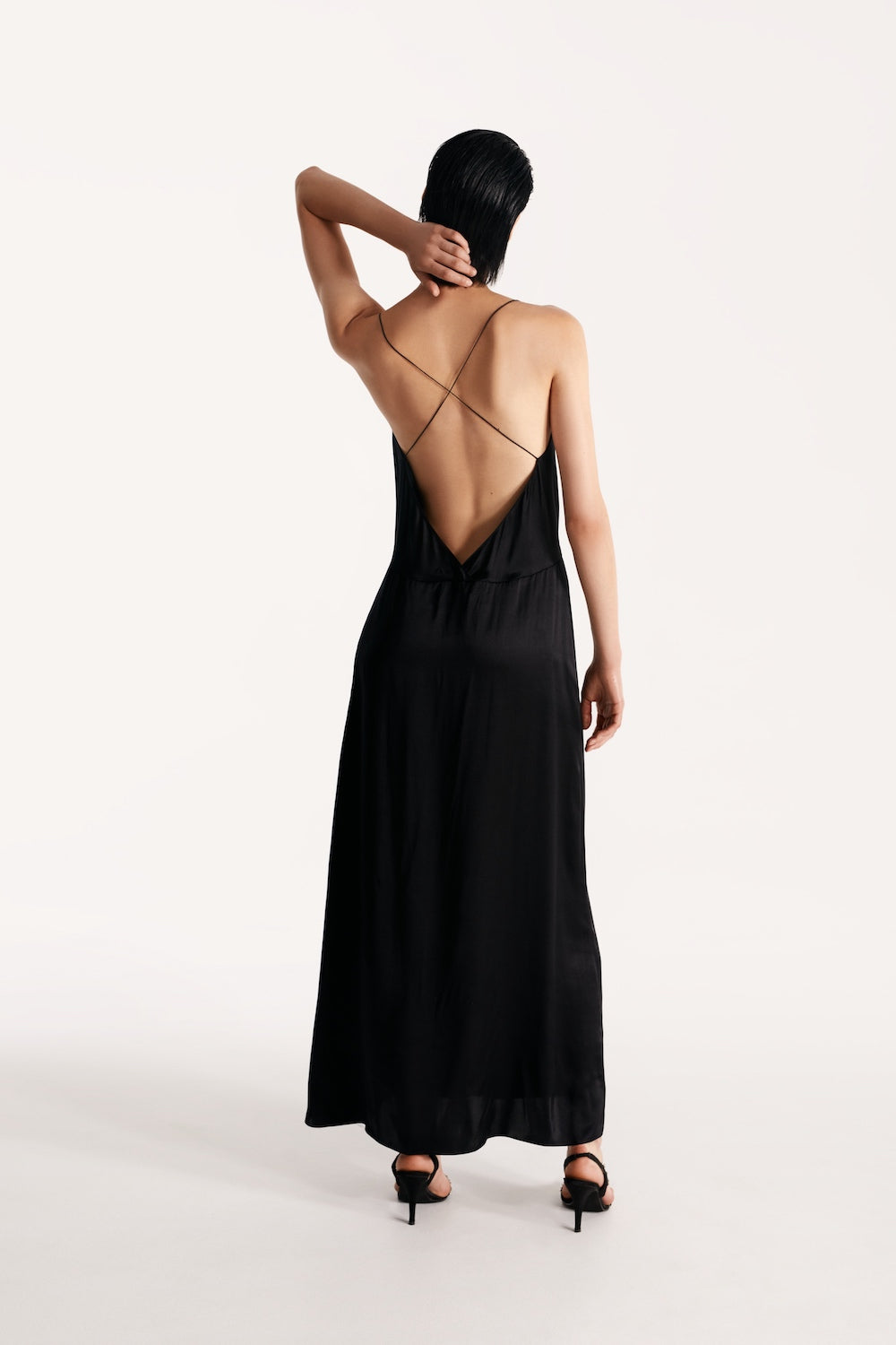 LESSLESS – Open-back slip silk dress in black – LESSLESS LLC