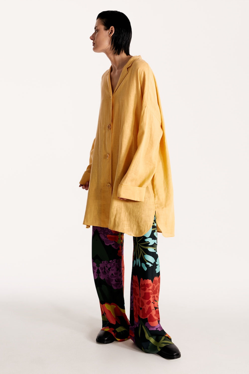 Sand yellow oversized linen shirt dress