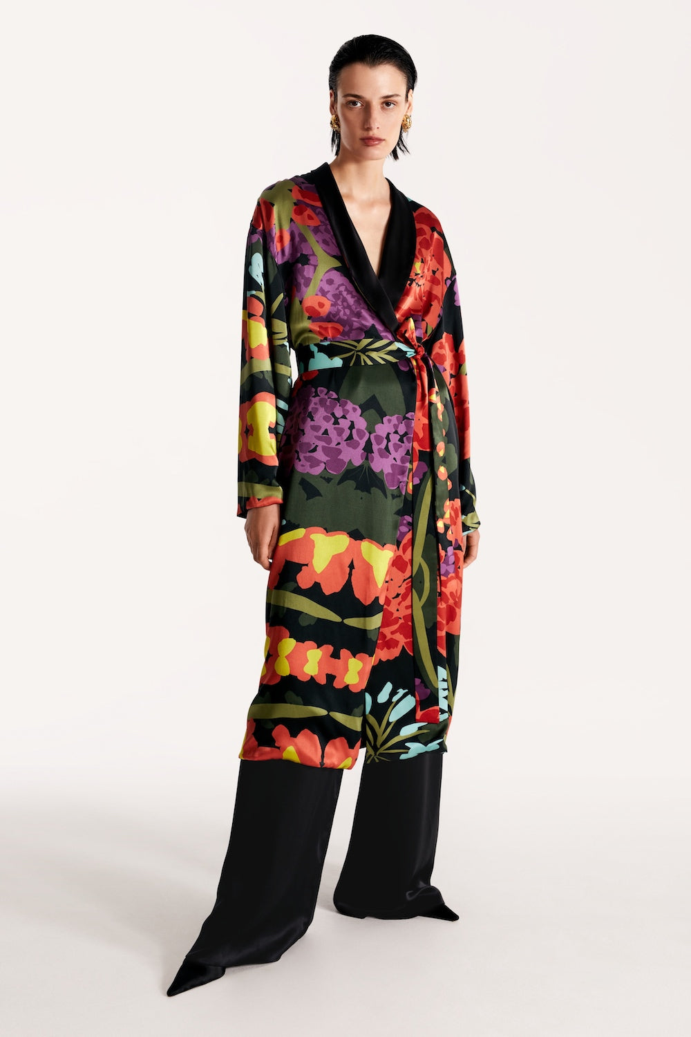 Black floral top silk robe