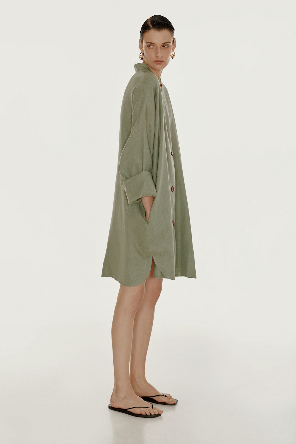 Olive green linen dress sales