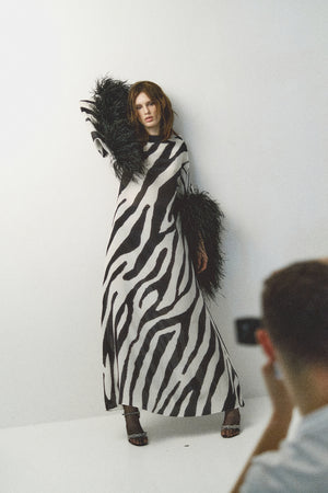 LESSLESS – Lauren Maxi Dress in back and White zebra XS