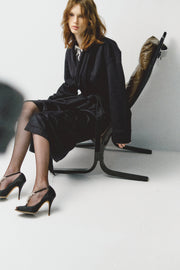 Cashmere Housecoat With Attached Scarf in Navy