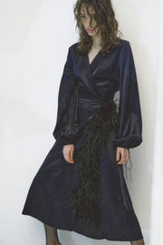 Midi Wrap Dress With Feathers in Navy