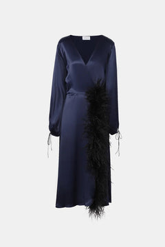 Midi Wrap Dress With Feathers in Navy