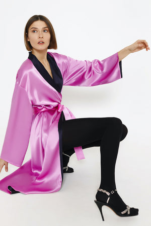 Reversible midi silk robe featuring a relaxed fit in fuchsia/navy