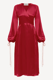 Wrap silk dress in cherry red
