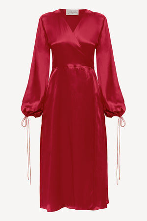 Wrap silk dress in cherry red