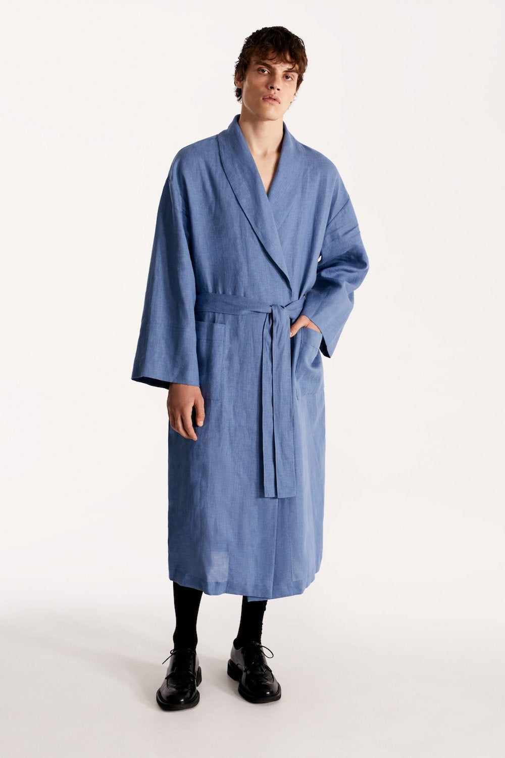LESSLESS – Men linen robe in blue – LESSLESS LLC