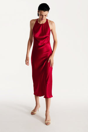 Halterneck silk dress in cherry-red