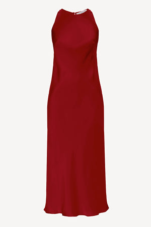 Halterneck silk dress in cherry-red