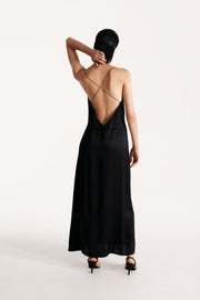 Open-back slip silk dress in black