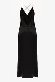 Open-back slip silk dress in black