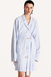 Genderless Linen Overshirt in Stripped Blue