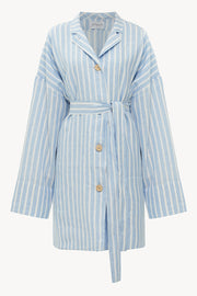 Genderless Linen Overshirt in Stripped Blue