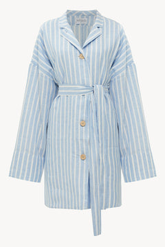 Genderless Linen Overshirt in Stripped Blue