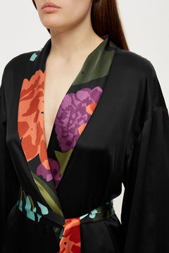 Reversible midi silk robe featuring a relaxed fit in floral black/black