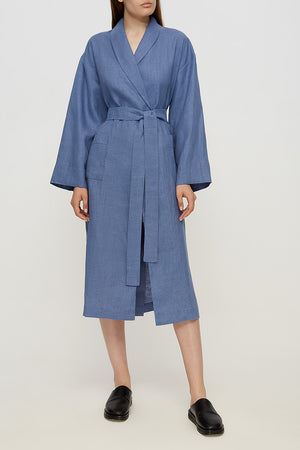 Female linen robe in blue