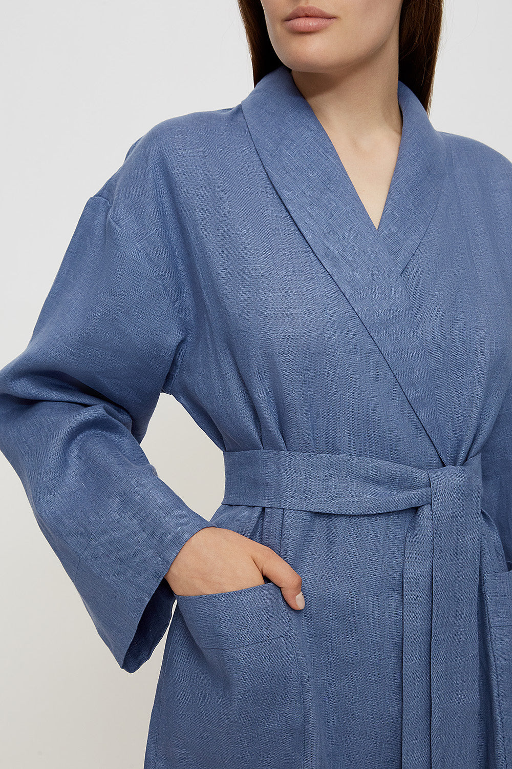 Female linen robe in blue