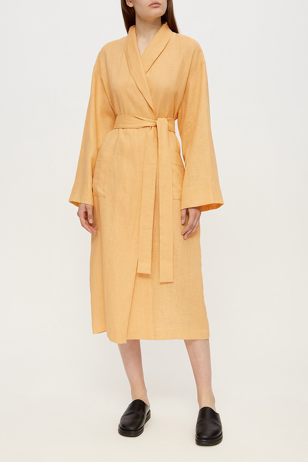 LESSLESS – Female linen robe in ochre – LESSLESS LLC