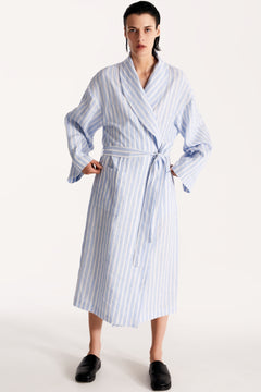 Linen Robe in Striped Blue