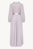 Floor length floaty chiffon wrap violet dress