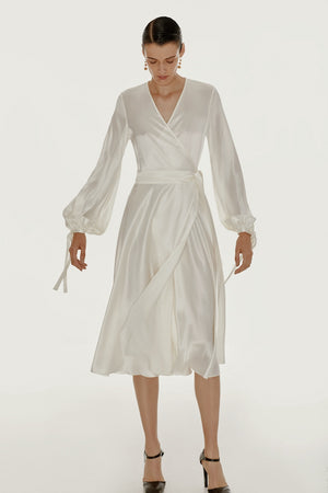 Wrap silk dress in white