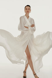 Floor length floaty chiffon wrap white dress