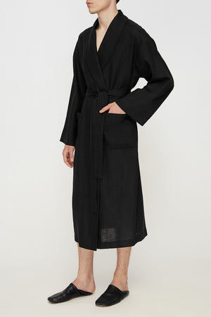 Men linen robe in black