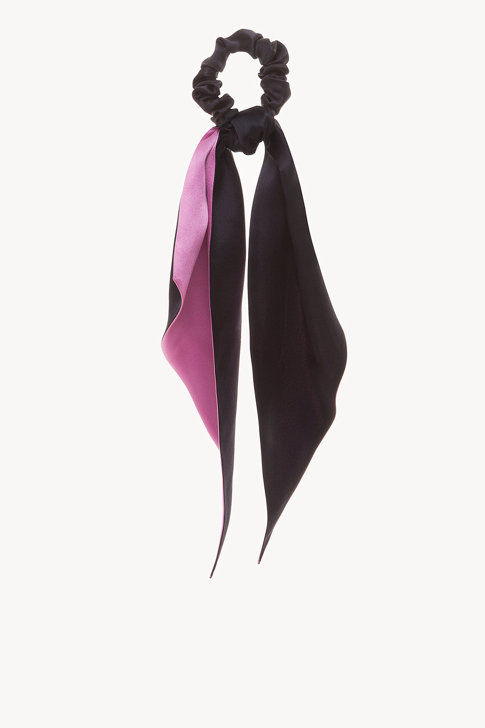 Silk scrunchie with scarf-like trims in fuchsia/navy