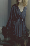 Peignoir-Style Mini Dress With Feathers in navy