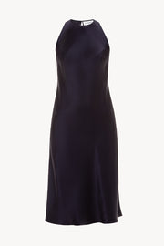 Halterneck silk dress in navy