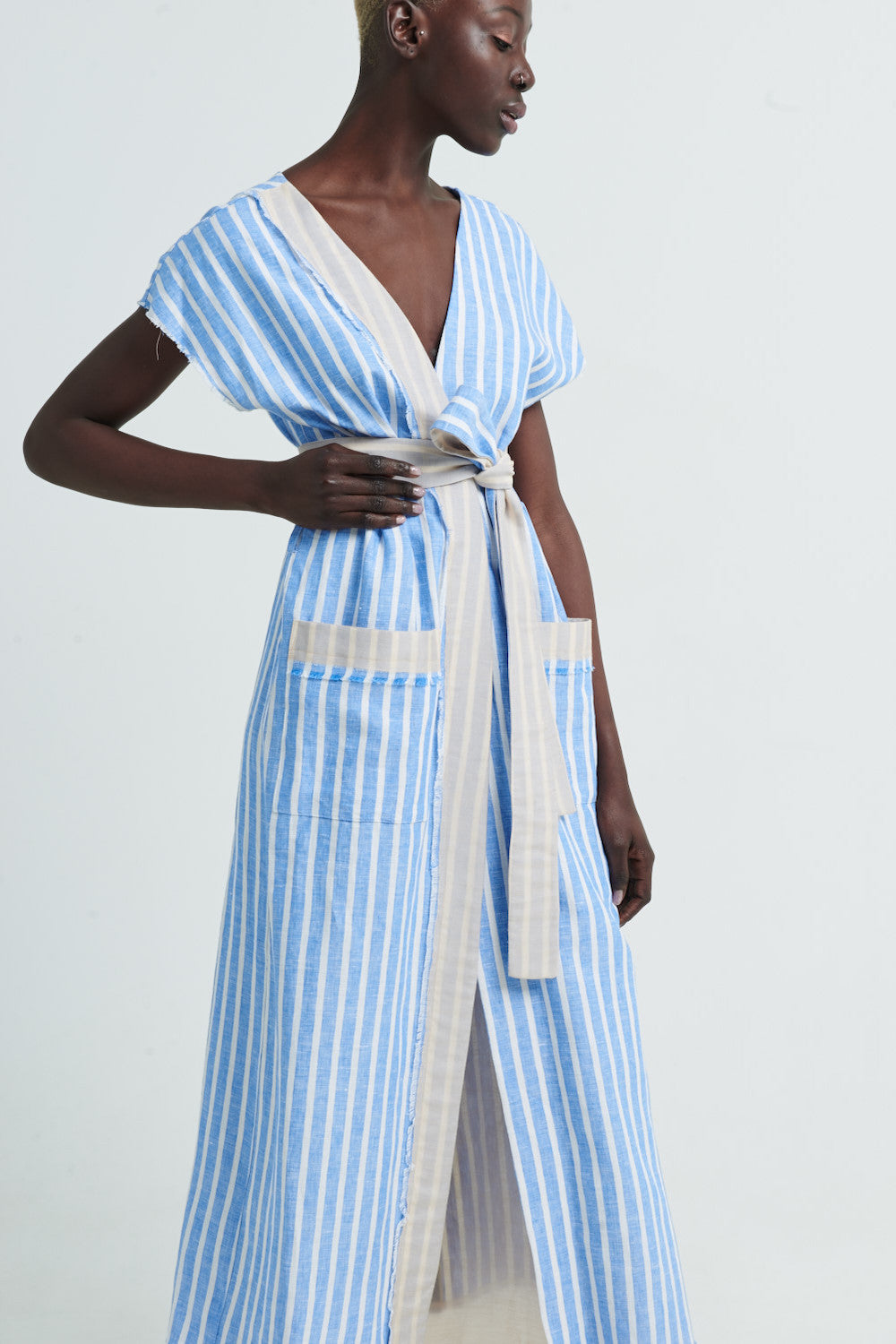 Robe Less LESSLESS – Aurora robe in Maya Blue Stripes – LESSLESS LLC